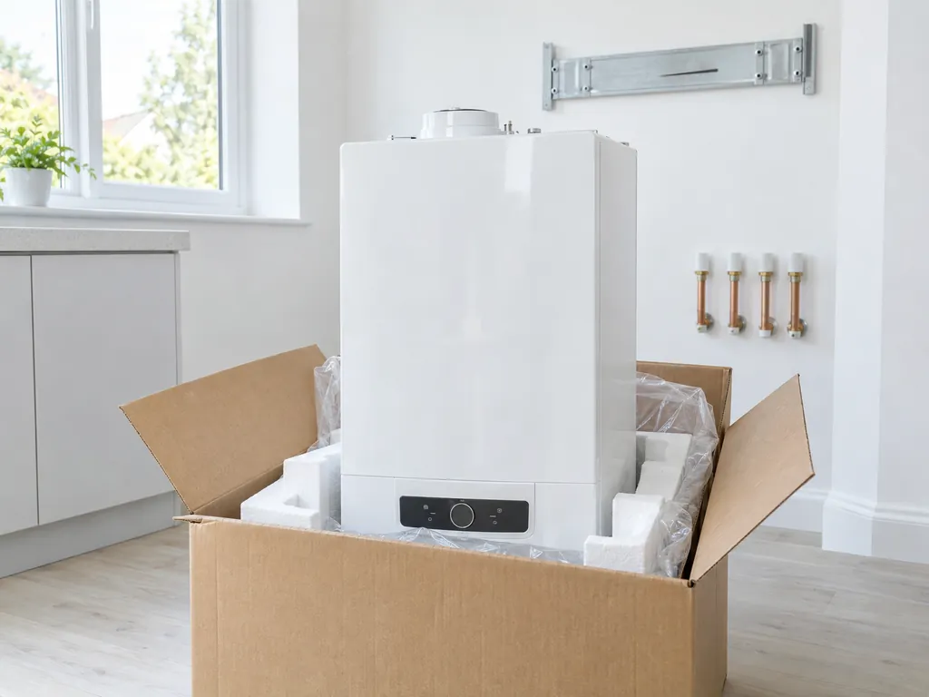 A brand-new white gas combi boiler unboxed in a bright white utility room, ready to be fitted