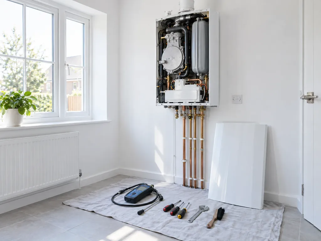 A white wall-hung gas boiler with its cover off for a service, a flue gas analyser and tools laid out on a dust sheet