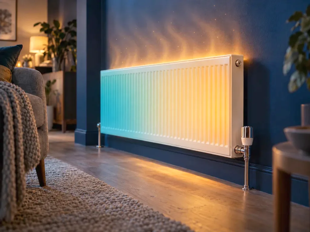 A white panel radiator warming up, with heat rising up the wall above it
