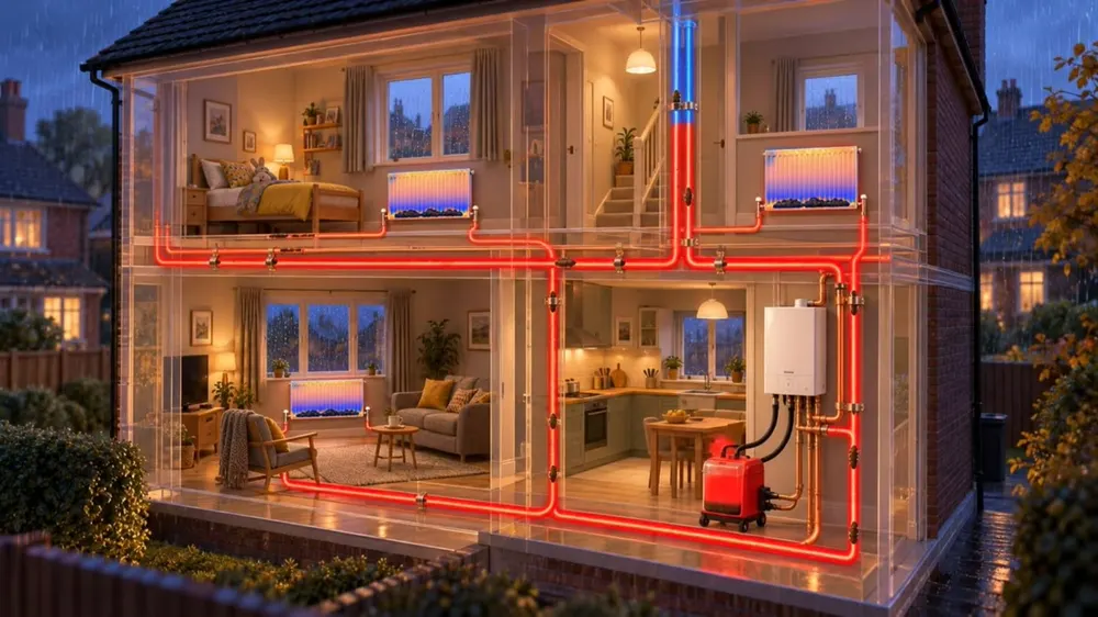 Still from the Kent Powerflush film: a cutaway house with every radiator running hot